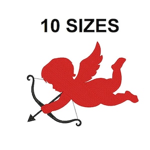 Puede incluir: Silueta roja de un cupido con alas sosteniendo un arco y una flecha. El texto "10 SIZES" está por encima de la imagen.