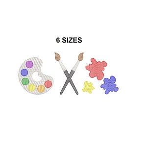 Peut inclure: Une palette de peinture colorée avec un pinceau et des éclaboussures de peinture. La palette de peinture a 9 couleurs de peinture différentes. Les éclaboussures de peinture sont rouges, jaunes et bleues. Les pinceaux sont croisés l'un sur l'autre. Le texte "6 SIZES" est au-dessus de l'image.
