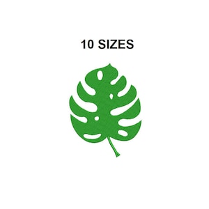 Puede incluir: Una hoja de monstera verde sobre un fondo blanco. El texto "10 SIZES" está por encima de la hoja.