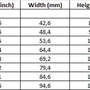 May include: A table showing the width and height of different embroidery hoops in inches and millimeters, along with the number of stitches needed for each size.