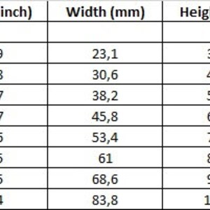 May include: A table showing the width and height of different embroidery hoops in inches and millimeters, along with the corresponding number of stitches. The table includes measurements from 0.91 inches to 3.3 inches in width.