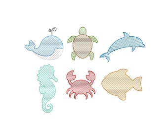 Sea Creatures Sketch set embroidery design. Sea creatures sketch embroidery design. Set embroidery design. Fish design. Turtle design.