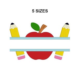 May include: A red apple with a green leaf and stem, with two yellow pencils with pink erasers on either side. The apple and pencils are on top of two blue lines, with a blank space in the middle. The text "5 SIZES" is above the image.