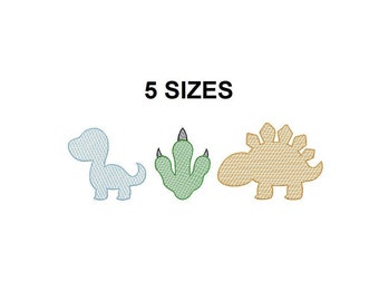 Conception de broderie au point rapide trio de dinosaures. Conception de broderie de croquis de dinosaure. Point vintage. Croquis de dinosaure. conception de dinosaure