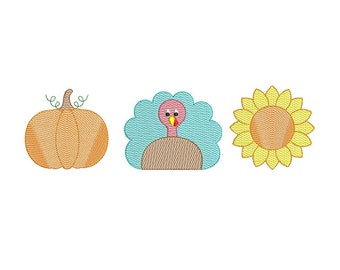 Thanksgiving trio snelsteekborduurontwerp. Dankzeggingsontwerp. Pompoen ontwerp. Zonnebloem ontwerp. Borduurontwerp Turkije. Kalkoen