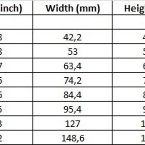 May include: A table showing the width and height of different embroidery hoops in inches and millimeters, along with the corresponding number of stitches. The table includes measurements from 1.66 inches to 5.85 inches.