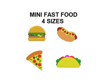 Mini Fast Food Set Borduurontwerp. Hamburger borduurontwerp. Borduurontwerp voor hotdogs. Pizza-ontwerp. Taco-ontwerp. voedsel borduurwerk