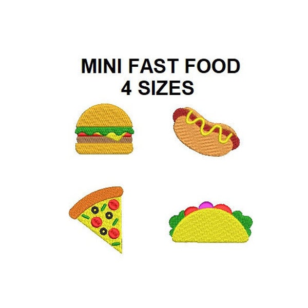 Mini Fast Food Set Embroidery design.  Hamburger embroidery design. Hot dog embroidery design. Pizza design. Taco design. Food embroidery