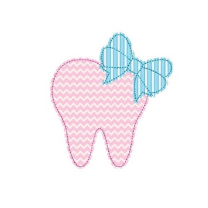 May include: A pink tooth with a blue and white striped bow. The tooth is decorated with a pink and white chevron pattern.