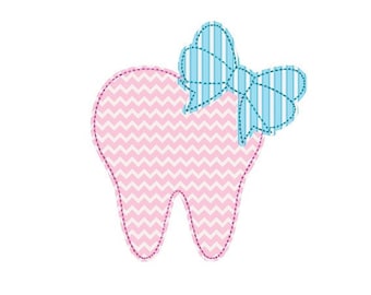 Tooth with Bow Bean Stitch Applique Embroidery Design. Tooth Applique Design.  Bow Embroidery Applique. Teeth with bow embroidery design.