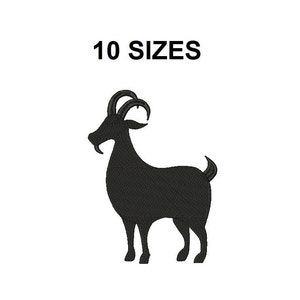 Pode incluir: Silhueta preta de uma cabra com grandes chifres. A imagem é rotulada como "10 TAMANHOS".