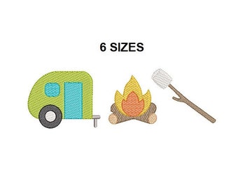 Conception de broderie de point rapide de trio de camping. Conception de broderie de croquis de camping. Point vintage. Conception de remorque de camping-car. Conception de camping.