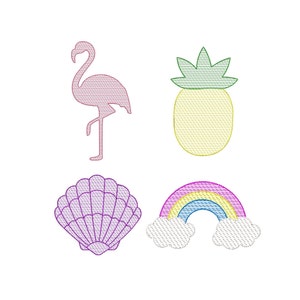 Puede incluir: Cuatro diseños bordados: un flamenco rosa, una piña amarilla, una concha púrpura y un arcoíris con nubes.