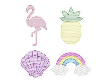 Summer Set Sketch embroidery design. Summer sketch embroidery design. Set embroidery design. Pineapple design. Shell design. Rainbow Design.