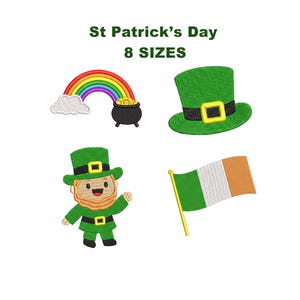 Puede incluir: Imagen con diseños de bordado del Día de San Patricio. Los diseños incluyen un arcoíris con un caldero de oro, un sombrero verde de duende, un personaje de duende y una bandera irlandesa. El texto dice "St Patrick's Day 8 SIZES".