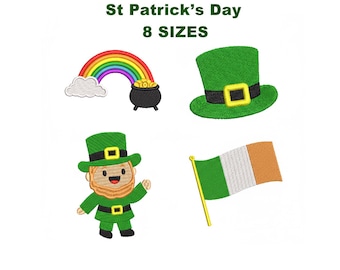 Set St Patricks Day Embroidery Design. Leprechaun Embroidery Design. Flag of Ireland Embroidery. Rainbow Pot of Gold Embroidery design