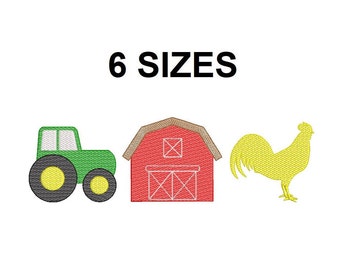 Farm trio quick stitch embroidery desig. Farm sketch embroidery design. Vintage Stitch. Tractor Design. Barn design. Rooster Design