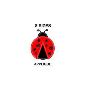 May include: A red ladybug applique design with black spots and antennae. The text "8 SIZES" is above the ladybug, and "APPLIQUE" is below. This design is suitable for various craft projects.