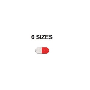 May include: A white and red pill shape embroidery design. The text "6 SIZES" is above the design.