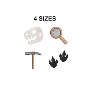 May include: Four embroidery designs for a dinosaur theme: a dinosaur skull, a magnifying glass, a pickaxe, and two dinosaur footprints.