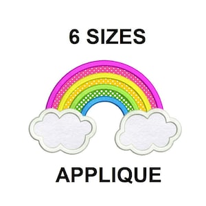 May include: Rainbow applique embroidery design with six different sizes. The rainbow is made of pink, yellow, green, and blue with white polka dots. The rainbow has white clouds on either side.