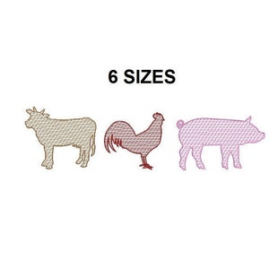 Peut inclure: Un ensemble de trois motifs de broderie représentant une vache, un coq et un cochon. Les motifs sont respectivement en brun, rouge et rose. Le texte "6 SIZES" est affiché au-dessus des motifs.