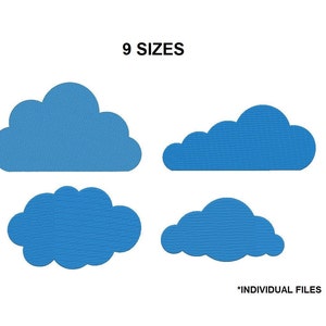 Puede incluir: Nueve formas de nubes azules de diferentes tamaños, con el texto "9 SIZES" y "*INDIVIDUAL FILES" en la parte superior e inferior de la imagen.