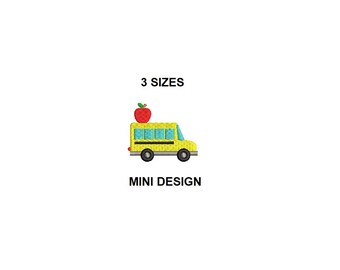 School Bus with Apple Embroidery Design. School Bus Filled Stitch. Mini School Bus embroidery design. Back to school embroidery designs