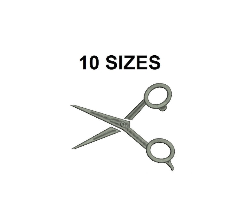 May include: A silver pair of scissors with a single loop handle. The text "10 SIZES" is above the scissors.