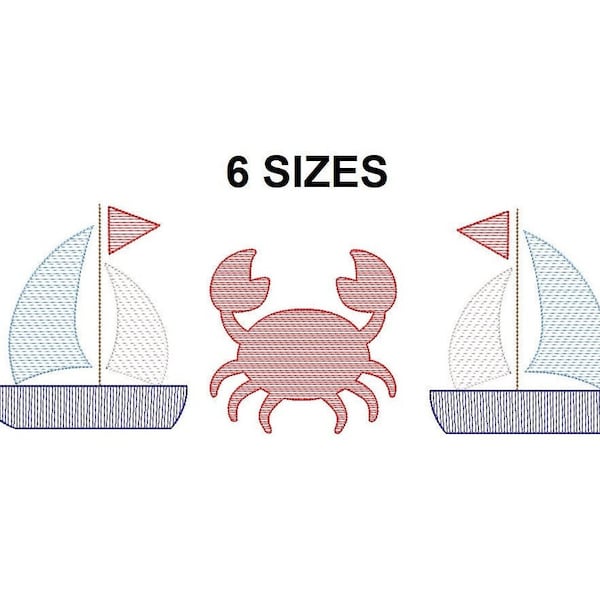 Nautical trio quick stitch embroidery desig. Nautical sketch embroidery design. Vintage Stitch. Crab Sketch. Boat  design. Nautical Sketch