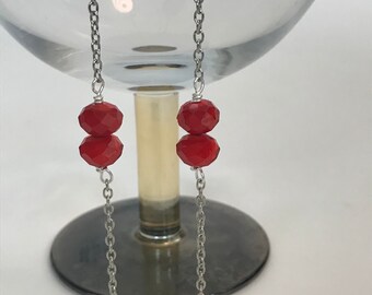 Long bright red earrings; very long red earrings; lady in red earrings; silver and red earrings; bright red earrings; 6 inch earrings