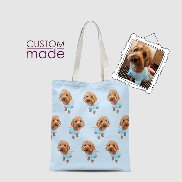 Custom Made Portrait personnalisé Illustration Pet Cat Dog Puppy Pattern Tote Bag avec votre photo et texte Animal Bag Custom Shopping Bag