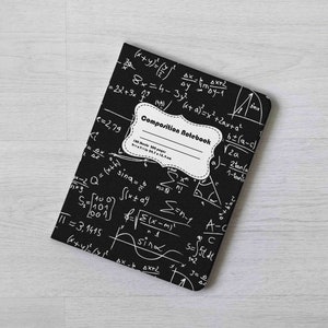 May include: Black composition notebook with a white cover featuring a variety of mathematical equations and formulas. The notebook has a label that reads "Composition Notebook" and "100 Sheets 500 Paper 9.75"x 7.5" 18.4 cm x 19.0 cm".