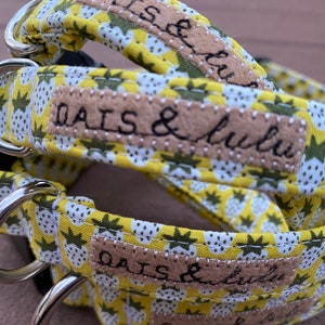 Adjustable Dog Collar, Fabric Covered Nylon Webbing, White Strawberries on Yellow Background--Sizes XS,S,M,L