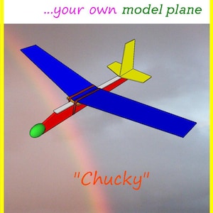 Può includere: Un aereo modello blu e rosso con una coda gialla. L'aereo è etichettato "Chucky" e fa parte di una serie di 10 aerei. Il testo "Costruisci e fai volare... il tuo aereo modello" è in cima all'immagine.