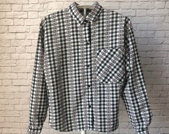 girls gingham blouse, vintage button shirt, size 7, Black and White, gingham top, boho floral pattern, BW checkered blouse, red accent 90s