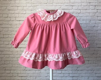 pink vintage toddler dress, pink velveteen, bubble gum, ruffles lace, girl size 2t 3t 2 3, white collar, puffy long sleeve, empire waist,