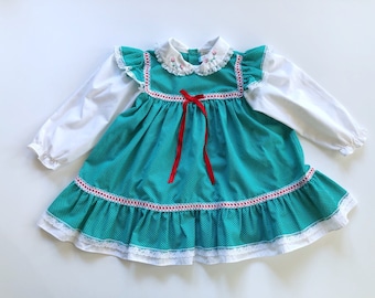Vintage blågrön schweizisk prickig pinaforeklänning för småbarn, storlek 2 3, spetsvolanger, blombroderi, långärmad, grön röd vit, bomullsblandning,