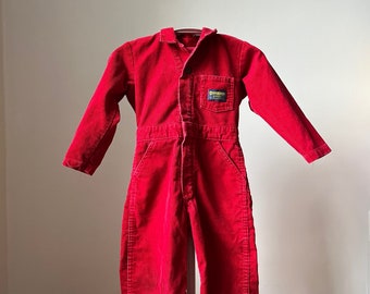 Vintage Oshkosh jumpsuit, red corduroy coveralls, vintage bodysuit, vintage boys work wear, holiday outfit, bright red overalls
