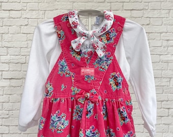 Vintage Oshkosh corduroy overall voor meisjes, retro vestbak, roze bloemen, Osh Kosh b'gosh, 2-delige set,