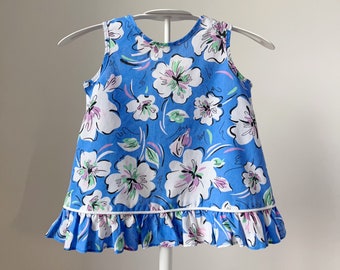 toddler swing top, open back top, vintage summer flowers, blue sleeveless shirt, hawaiian flowers, ruffles, sleeveless toddler top