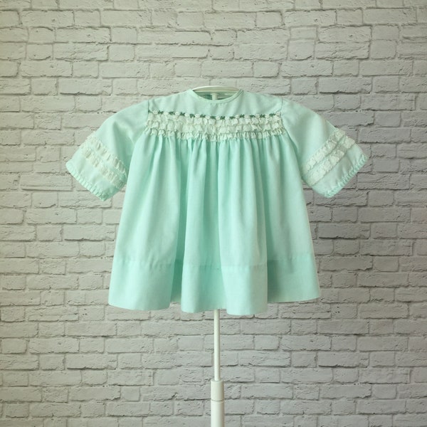 mint green baby dress, vintage Nannette, 60s 70s baby girl, dainty mint green, 6-9 months 6M 9M, retro swing top, green toddler top, pastel