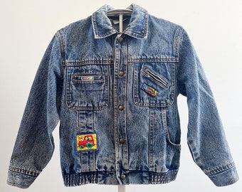 80s Kids Denim Jacket, 6 7 8 Vintage Jean Jacket, Unisex, Stone Washed, Unique Vintage Childrens Jean Jacket, Asymmetrical, Pockets, Boys,