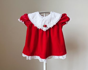 red christmas dress, vintage velour velvet, baby girl, 6-9 month, puffy short sleeve, holiday apparel, embossed white collar, wee folks,