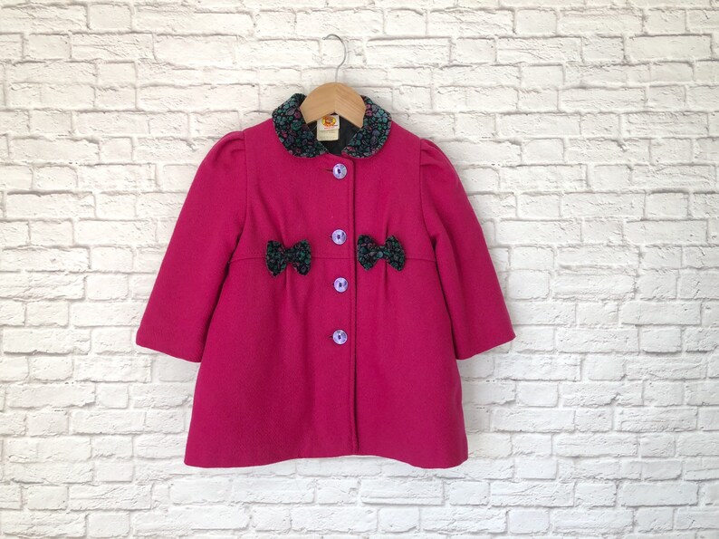 vtg 3T 3 winter coat hat set hot pink Magenta wool blend lined swing coat toddler girl coat velvet collar bows winnie the pooh bonnet
