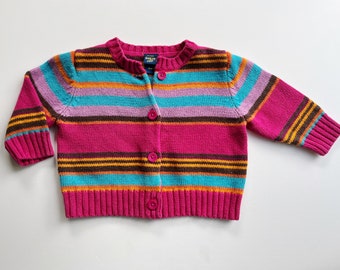 vintage oshkosh bright stripe cardigan, oshkosh bgosh, 18M 18 month, striped baby sweater, 80s 90s retro kid, pink blue orange brown stripe