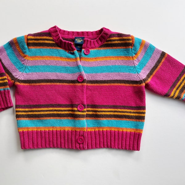 vintage oshkosh bright stripe cardigan, oshkosh bgosh, 18M 18 month, striped baby sweater, 80s 90s retro kid, pink blue orange brown stripe