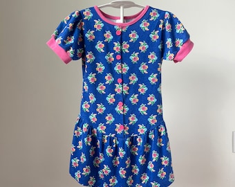 Buster Brown Dress, Blue Flower Knit Dress,  Toddler Play Dress, Vintage Drop Waist, Floral Pattern, 80s 90s Dress, Girls size 3 4 5, Pink