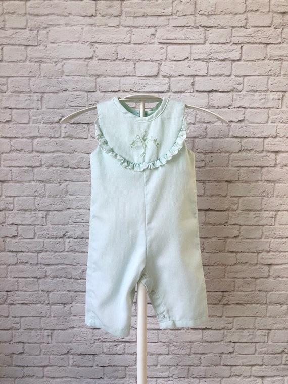 Vintage baby romper, 6-9 month 6M, mint green hea… - image 4