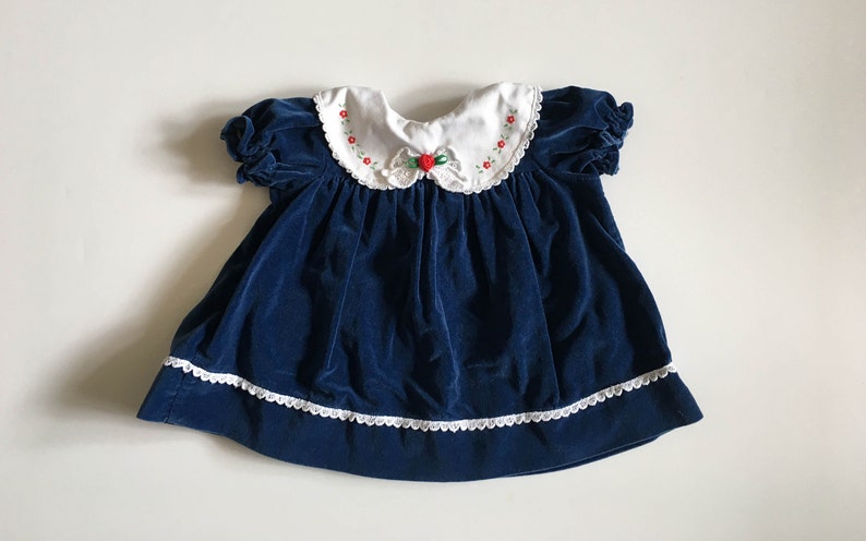 infant sz 6-9 mo 6M 9M cotton velveteen retro swing top Vintage Christmas baby puffy short sleeve Baby velvet dress navy blue 80s 90s